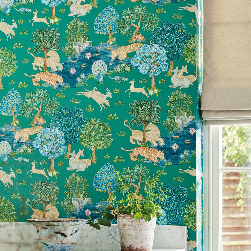 Pamir Garden Wallpaper 216765 by Sanderson in Teal Peacock Green